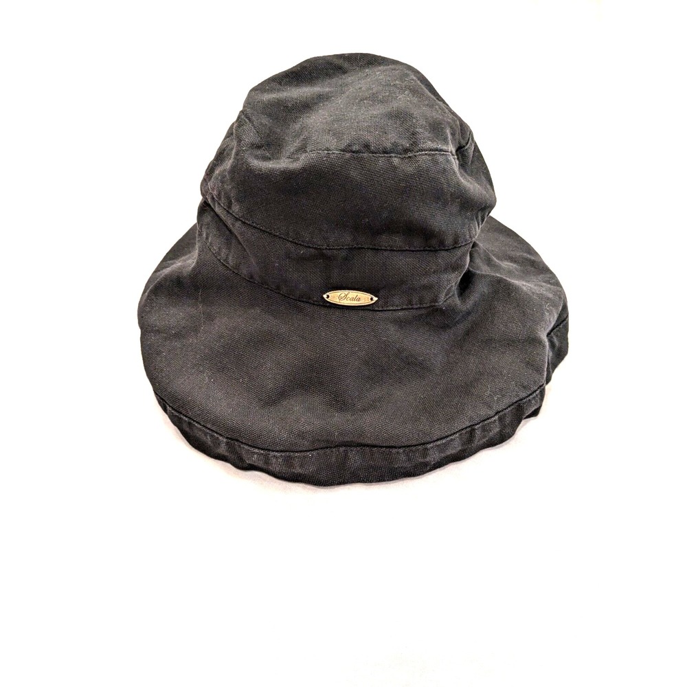 Scala Black Bucket Beach‎ Boating Sun Protection Hat Cotton Oversized Rope Ties